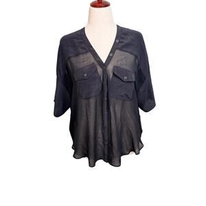 AllSaints black silk hecia cropped shirt sheer pockets buttons loose fit  Sz 2